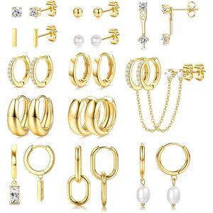 Women’s 13 Pairs Hypoallergenic 14k Gold Plated Hoop & Stud Earrings Set, Lightw